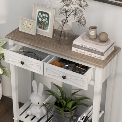 Table d'entrée avec rangement - Console étroite avec 2 tiroirs et tablette, table de canapé de style campagnard, petites tables de couloir en bois pour entrée, salon, couloir, blanc vieilli
