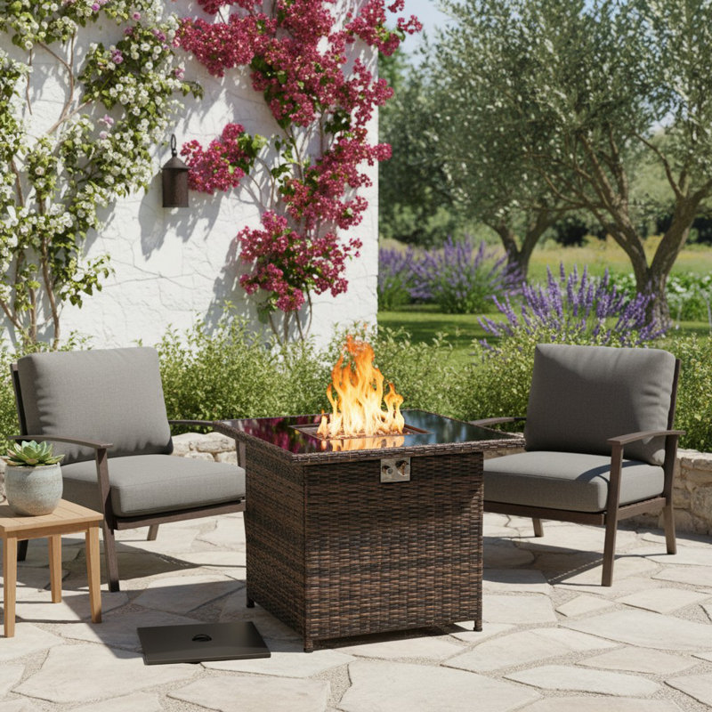 32.5" Propane Fire Pit Table with 50,000 BTU Burner, Tempered Glass Surface, Lava Rocks & Protective Cover, Mix Brown