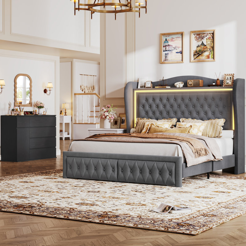 Ensemble de chambre à coucher 2 pièces Hosley, 1 lit plateforme tapissier avec tiroirs de rangement + 1 commode combinée avec 5 tiroirs et armoire