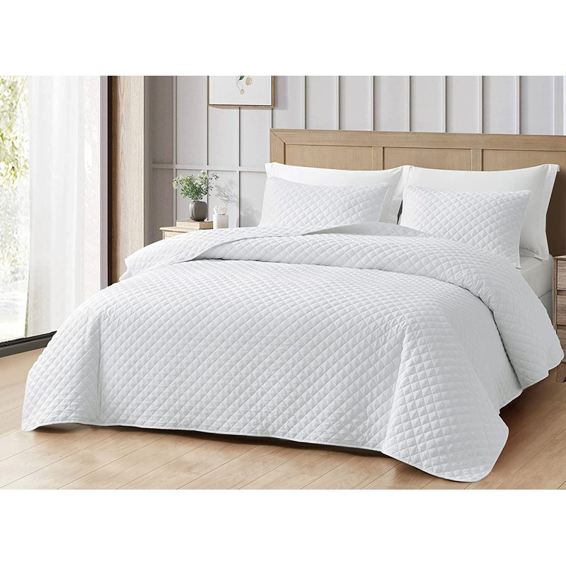 Teo Diamond Stitch Microfiber Quilt Set, King Quilt + 2 King Shams, White