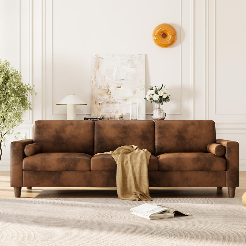 Modern 92-inch Faux Leather 3-seater Sofa, Square Armrests With Solid Wood Legs, No Tools Required For Installation, Brown