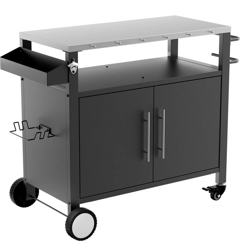 Table de barbecue extérieure noire avec rangement pour les sauces et plateau à couches mobile