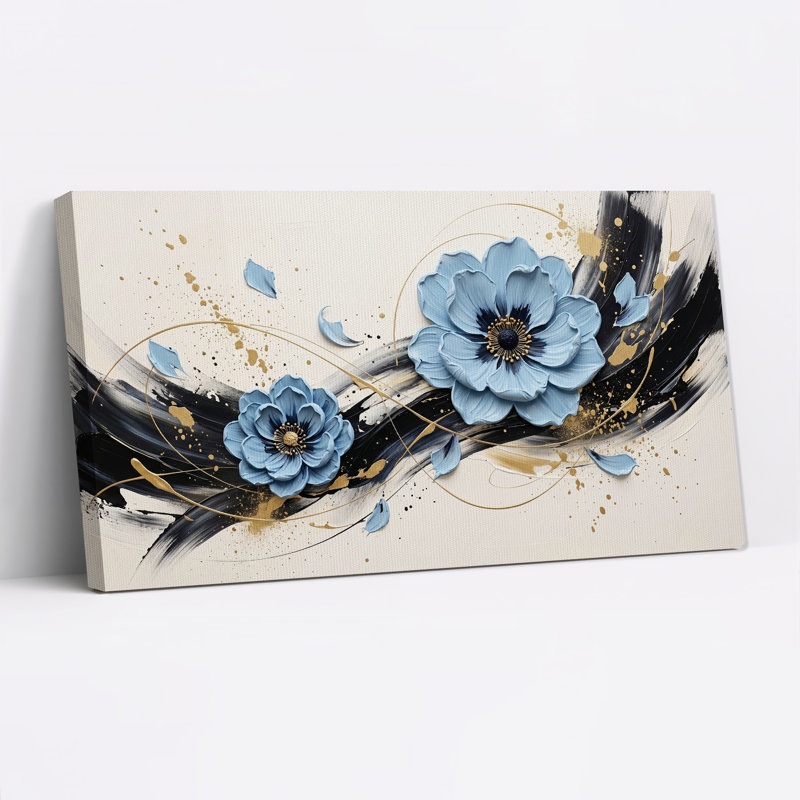 «Blue Flowers with Black and Gold Brushstrokes», art mural sur toile, L 40 po x H 20 po