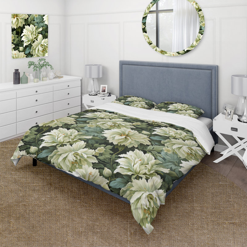 Green Damask Marigold Oasis - Ensemble de housse de couette damassé, Housse de couette pour très grand lit et 2 très