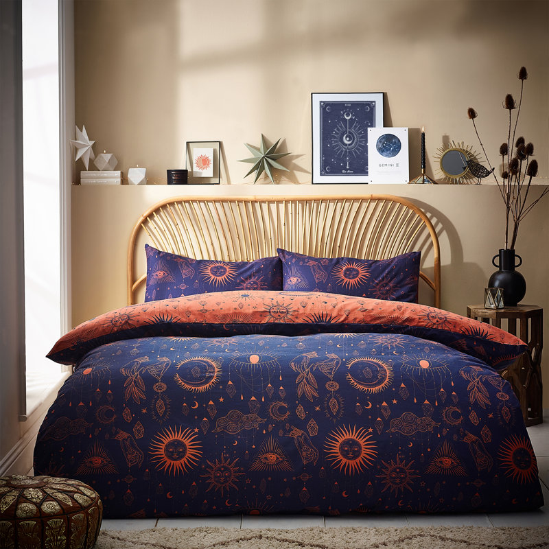 Cotton Blend Abstract Duvet Cover Set with Pillowcases, Super King - 2 Standard Pillowcases, Bronze/Navy