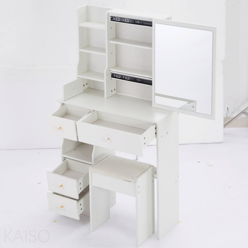 Petit meuble-lavabo de 29,2 po avec tiroir à gauche et tabouret rembourré, très grand miroir coulissant à droite, rangement multi-couches à grande capacité, commode pratique