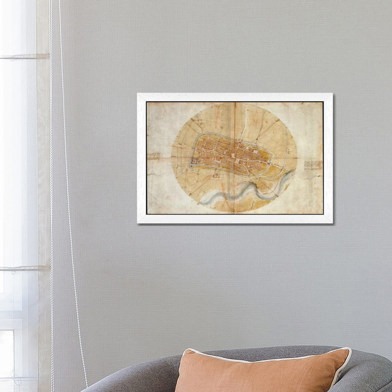 Map Of Imola, 1502 by Leonardo Da Vinci - Floater Frame Print on Canvas, 66.04 cm H x 45.72 cm W, White