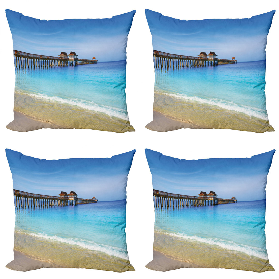 Ambesonne Dock Decorative Throw Pillow Case Pack Of 4, Naples Pier Paradise Beach At Ocean In Florida USA Sunny Tropical Destination, Cushion Cover For Couch Living Room Car, 18", Azure Blue Umber (Set of 4) Ambesonne