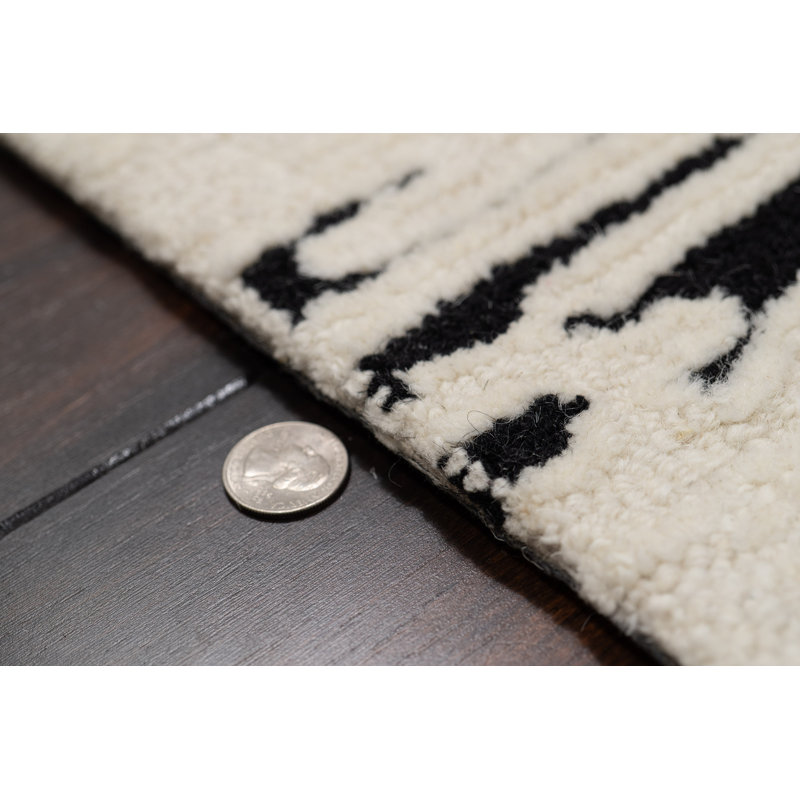Tapis abstrait noir / blanc en laine tissé à la main, Rectangle 8 pi x 10 pi