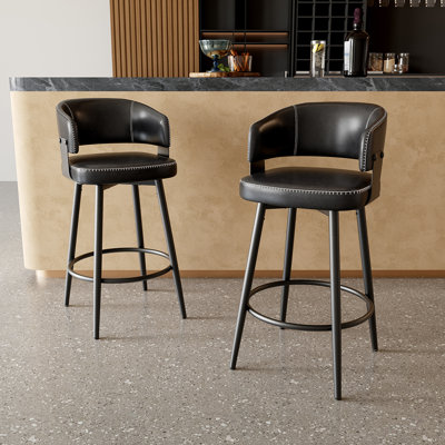Bar Stools Set of 2, 30" Swivel Bar Height Bar Stools with Curved Back, Mid-Century Modern Faux Leather Bar Chairs with Stitching for Home Bar and Pub Table