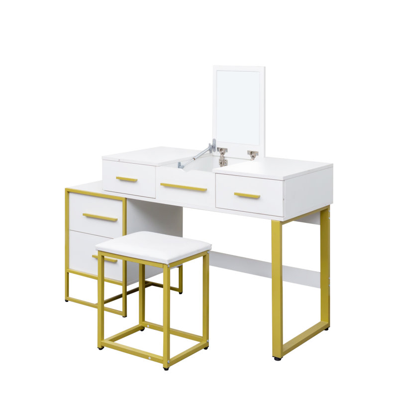 Bureau de table de commode blanc avec miroirs de maquillage à 4 tiroirs H 29,53 po x P 17,72 po x l 39,37 po, Blanc