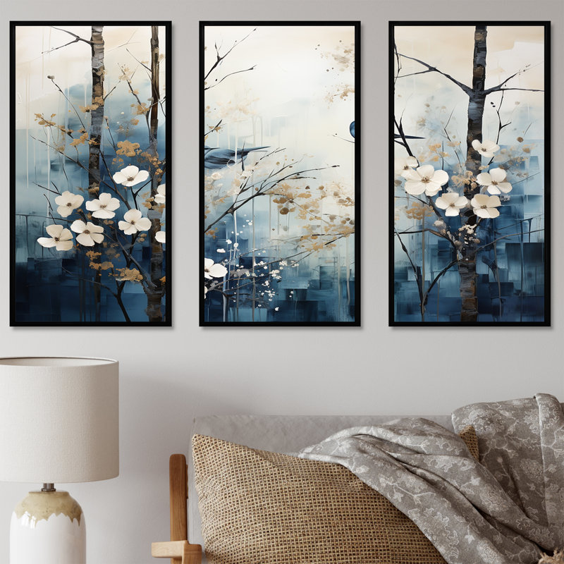 «Blue and White Forest Winter Harmony I», ensemble d'art sur toile, H 28 po x l 36 po x P 1 po, Cadre flottant noir