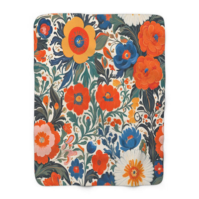 «Bold Blooms Extravaganza» - couverture en sherpa de qualité supérieure - reproduction d'art luxueuse