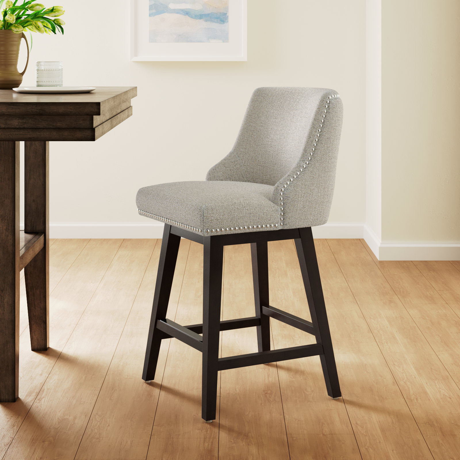 Orbay Swivel Upholstered 26'' Counter Stool With Solid Wood Frame, Nathan Ginger Tweed