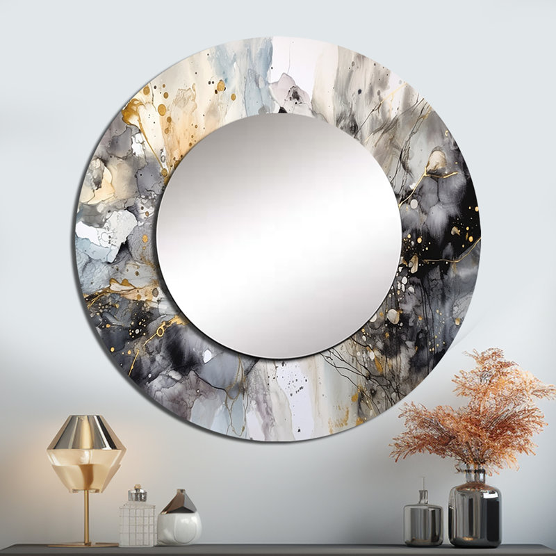 Somna Grey Gold Delicate Abstract Brushstrokes II - Marble Decorative Wall Mirror, Gray Large Round Mirror, Printed Metal Art