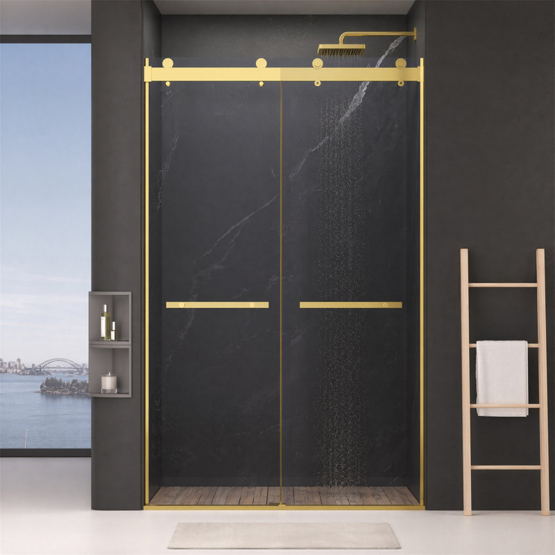 Porte de douche coulissante double sans cadre 44-48 "x 75", or brossé, verre 8 mm, fermeture en douceur