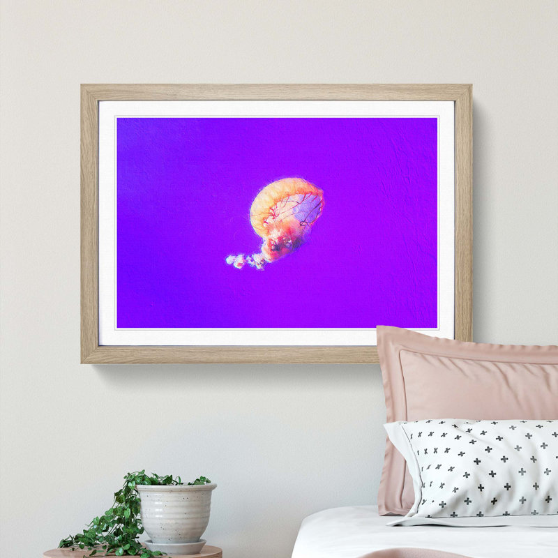 Jellyfish - Picture Frame Graphic Art Print, 48cm H x 65cm W x 2cm D, Oak Framed