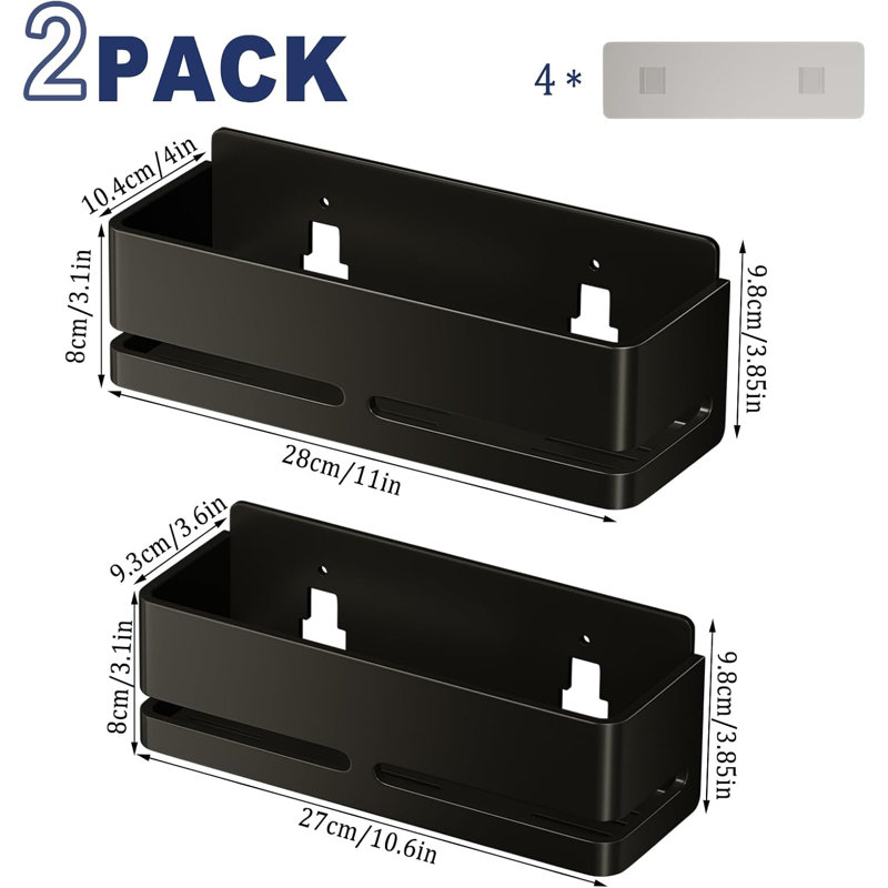 Lot de 2 paniers de douche adhésifs en aluminium sans perçage, grande capacité de rangement pour salle de bain, noir