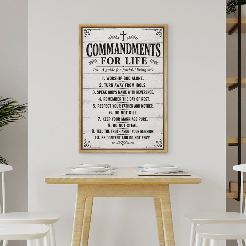 Impression encadrée sur toile « Commandements pour la vie » (typographie religieuse), 24" H x 16" W x 1.5" D, Natural