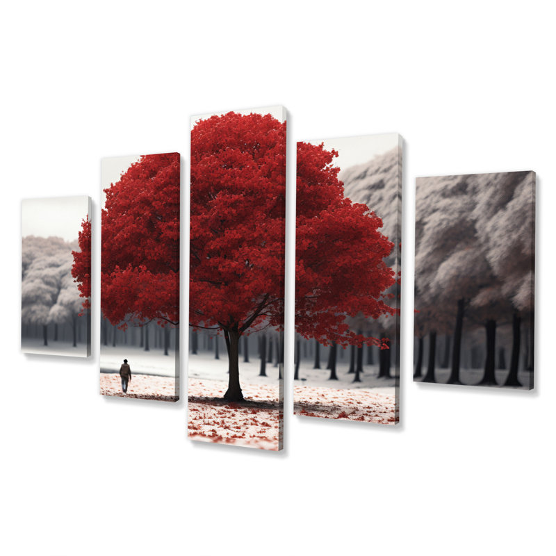 Red And Grey Tree Solitude I - Landscape Trees Canvas Print - 5 Panels