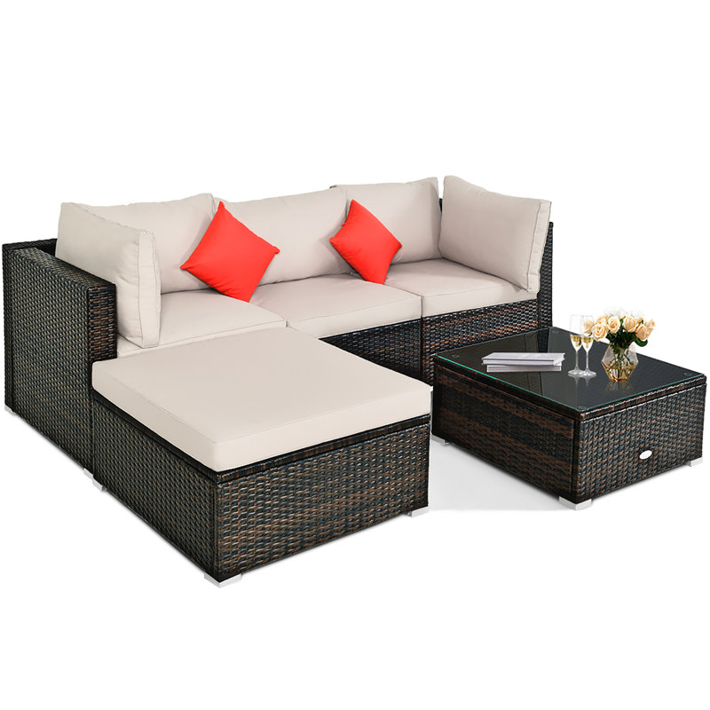 Ensemble de conversation modulaire en rotin 5 pièces avec coussins Eckfried, Beige