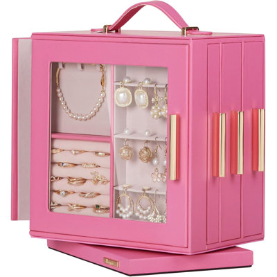 360° Rotating Jewelry Box Organizer With Transparent Window, Mirror & 7 Drawers - Large Necklace Earring Ring Display Storage Case