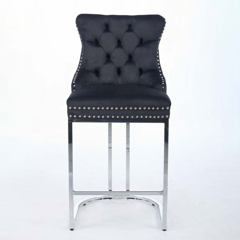Ensemble de tabourets de bar rembourrés en velours avec dossier capitonné et garniture cloutée, Noir