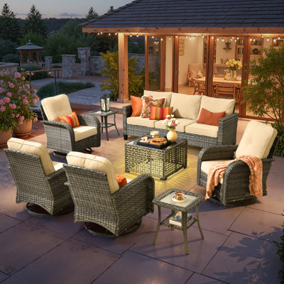 8 Piece Outdoor Wicker Swivel Rocking Chairs With Solar Powered Coffee Table, All Weather High Back Sofa Set, Patio Furniture Set With Cushions