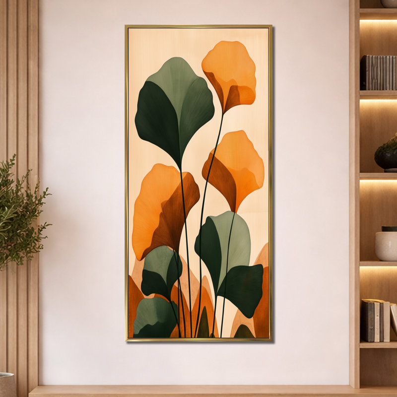 Feuilles de ginkgo d'automne II - Impression sur toile botanique, H 60 po x l 28 po, Cadre flottant doré