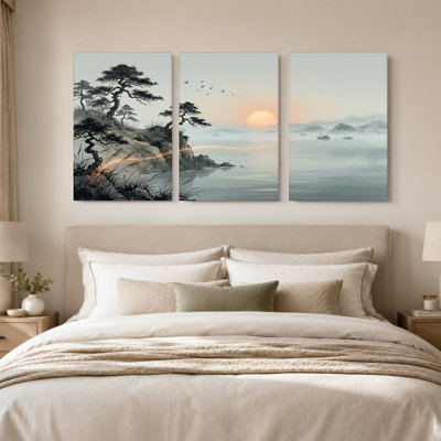 "Misty Coastal Sunset" avec pin et bateaux, ensemble de 3 toiles