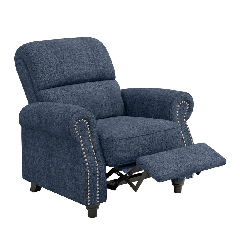 Bustle-Back Pushback Recliner Chair with Nailhead Trim in Chenille, Blue