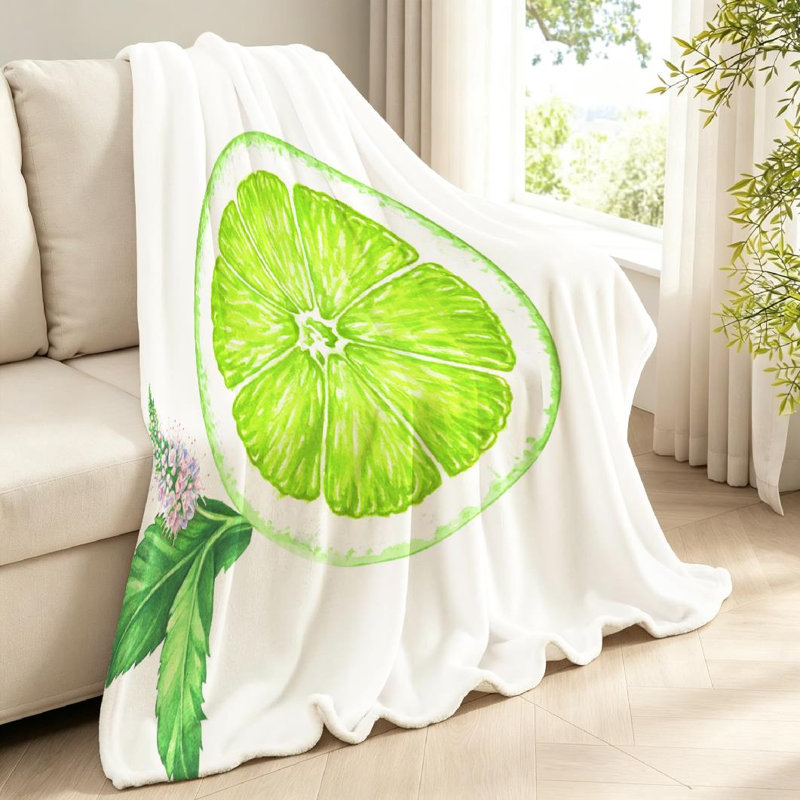 Jeté en molleton orange ultra doux en flanelle orange, tranche de lime avec imprimé menthe simple face, Throw 40" x 50"