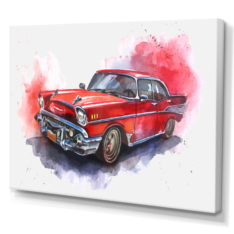 Voiture rouge à l'ancienne - peinture sur toile, H 34 po x l 44 po x P 1,5 po, Toile tendue