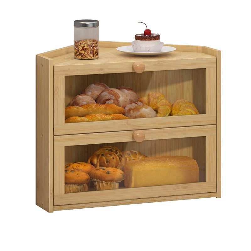 Corner Bread Box, Large Bread Container Storage,Farmhouse Bread Box with Window Bread Holder(Bamboo), Bamboo