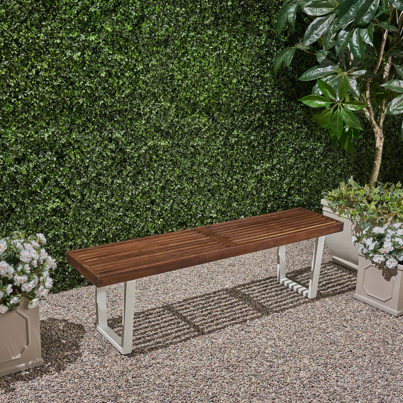 Banc de salle à manger moderne en bois d'acacia avec pieds en fer, brun foncé et blanc Modern | Idée de cadeau