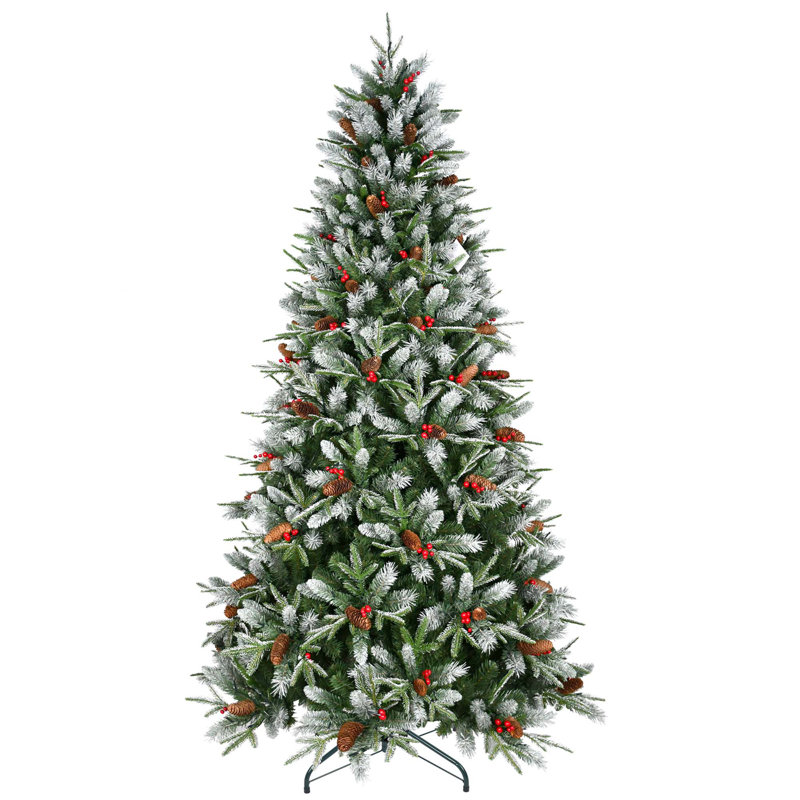 Arbre de Noël à charnières en polyuréthane et en PVC avec baies rouges et pommes de pin, 7'