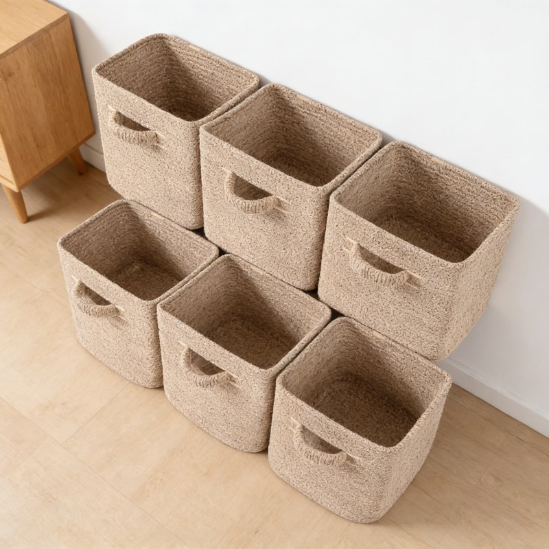 6-Pack Cube Storage Bins, 11 Inch Woven Organizer Baskets With Handles For Shelves, Closet, Bathroom, Nursery, And Home Organization, Natural Cotton Rope Material