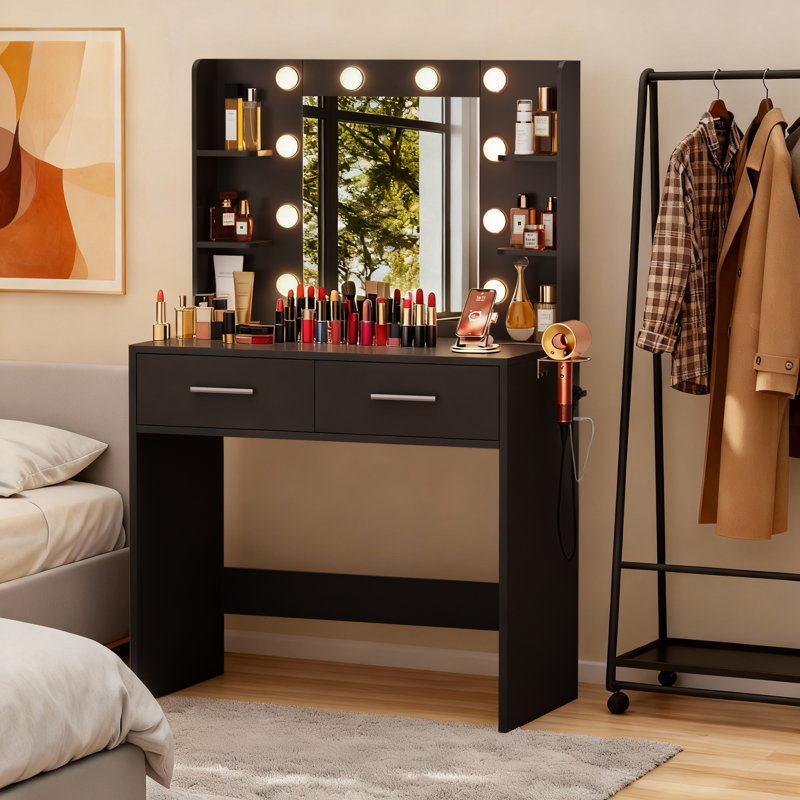 Ensemble de coiffeuse avec miroir lumineux et tabouret de coiffeuse, coiffeuse avec 2 tiroirs, bureau de coiffeuse pour chambre à coucher et vestiaire