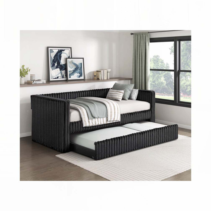 Corduroy Fabric Upholstery Daybed with Trundle, Black