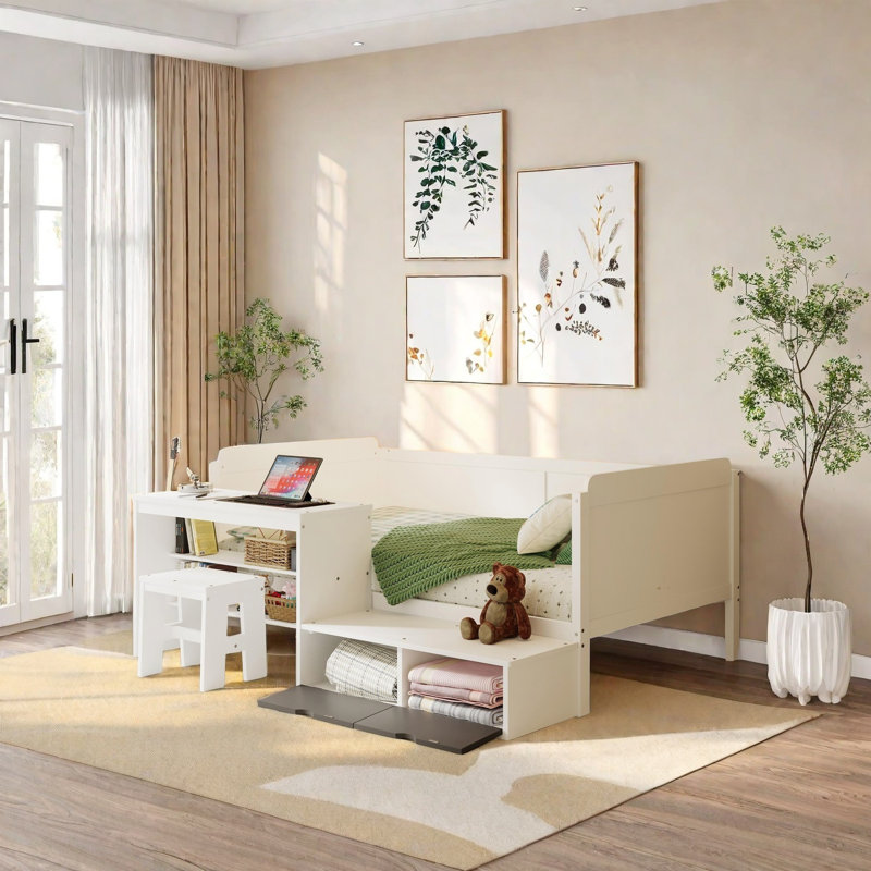 Wooden Daybed With Built-In Storage Shelves, Lockers, And Study Desk, Multi-Functional Twin Size Bed With Matching Stool, Ideal For Small Spaces And Apartments