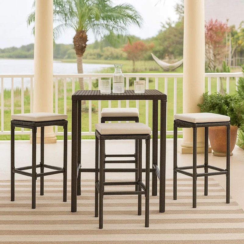 Vian Outdoor Barstool, Poly Rattan, Polyester, 4, Brown, Cream White