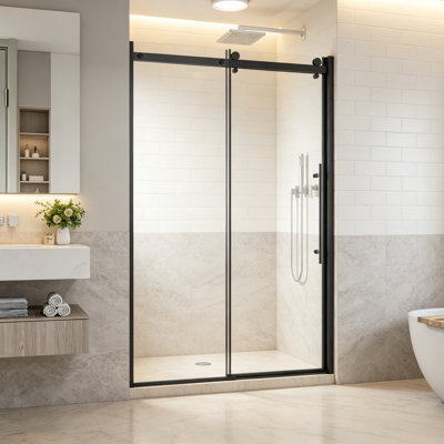 Porte de douche coulissante simple sans cadre l 48 po x H 72 po, verre trempé 1/4 po, noir