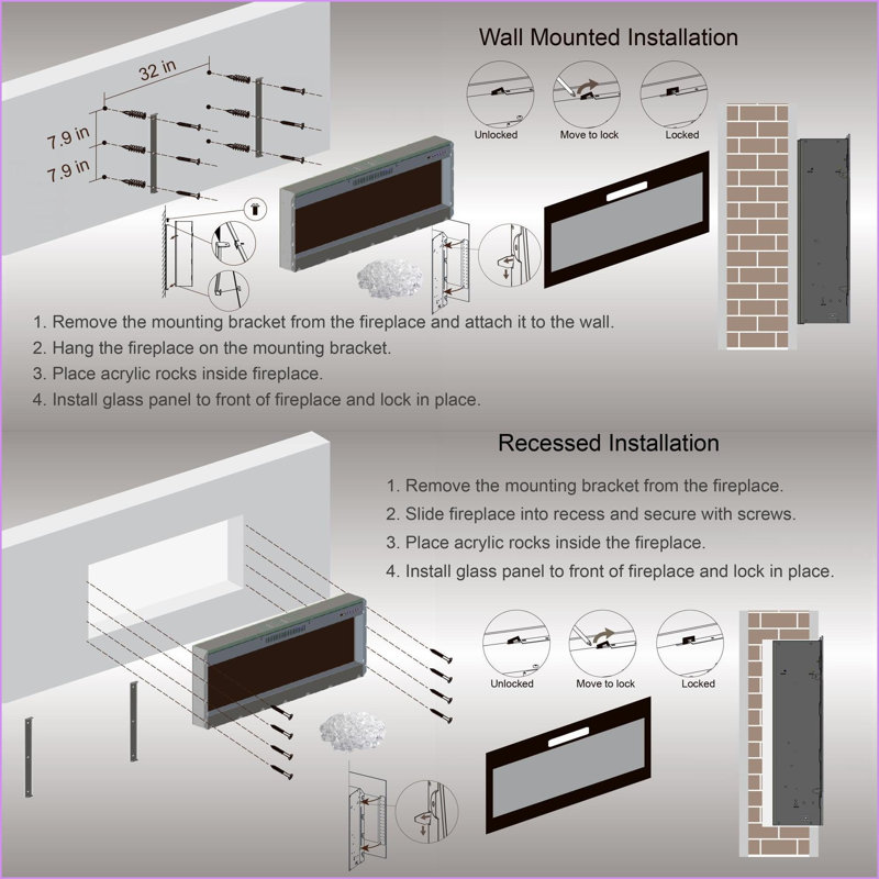 Chaufferette électrique intelligente pour foyer intérieur 50 po | Fixation murale / dans le mur | Verre trempé + tôle