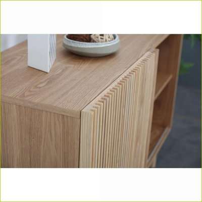 Walnut Wood-Look Coffee Table Sideboard with 4 Cabinets, Easy-Clean, Anti-Tipping for Living Room
