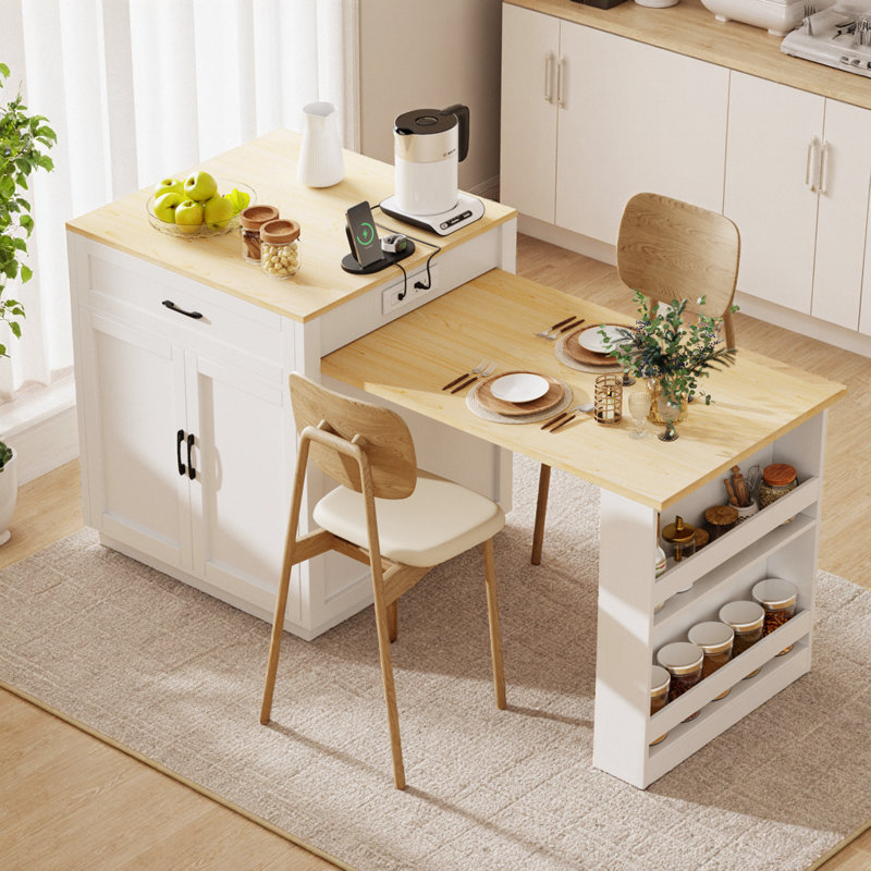 82.7" Kitchen Island with Extendable Dining Table for 4-6 People, Faux Marble Top, Double-Sized Storage, Power Outlet, White