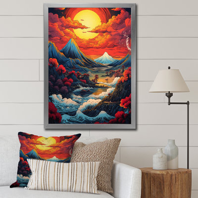 Coucher de soleil sur les montagnes enneigées, rivière japonaise encadrée sur toile