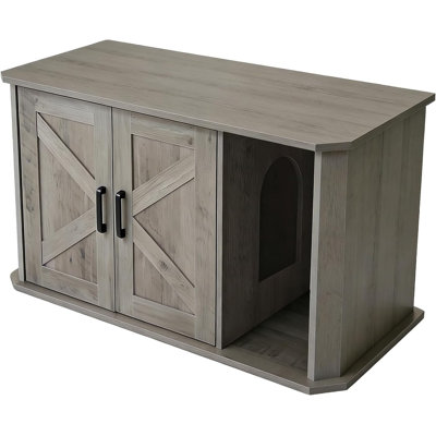 Hidden Cat Litter Box Enclosure Furniture, Wooden Cat Washroom Cabinet with Double Doors & Side Entry, Modern Pet House End Table