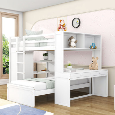 Lit superposé double en bois avec tablettes, bureau et armoire Sherise