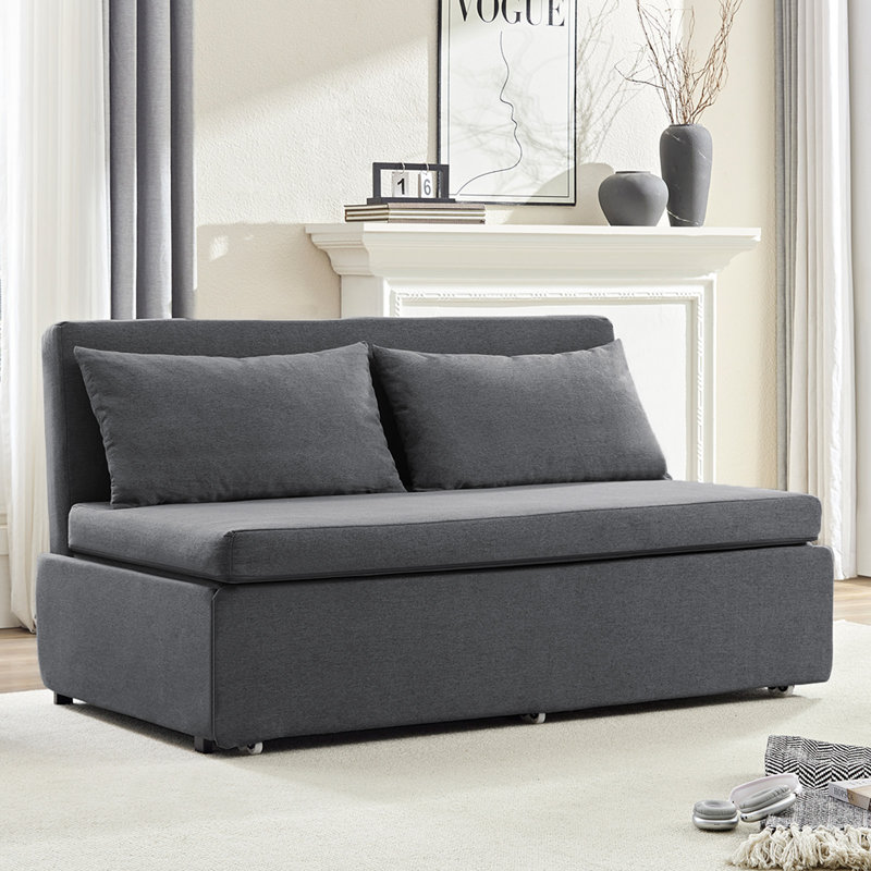 Canapé-lit convertible sans accoudoirs avec méridienne réversible et tissu en lin, Gris foncé