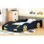 Lit de voiture de course simple bleu foncé + jaune avec rangement pratique, construction, confortable pour une bonne nuit de sommeil, plateforme et espace de rangement, construction en bois fiable